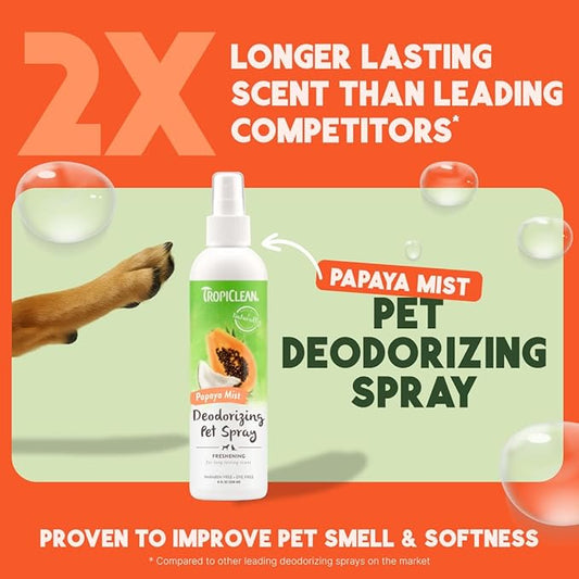 TropiClean Dog Perfume, Long Lasting Papaya Cologne, Deodorizing Spray for Smelly Dogs, After Bath Detangling Spray with Vitamin E, Safe for Cats, 8oz.