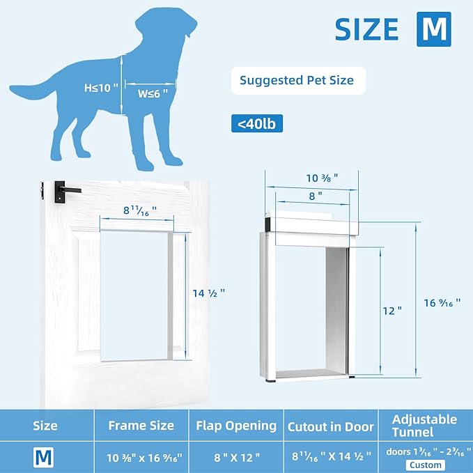 Medium Electronic Dog Door,Pet Automatic Door Smart Aluminum Dog Door with Dogbell Activated Auto Lift, Lockable Weatherproof Telescoping Tunnel for Pets(Pets Up to 40 Lb)