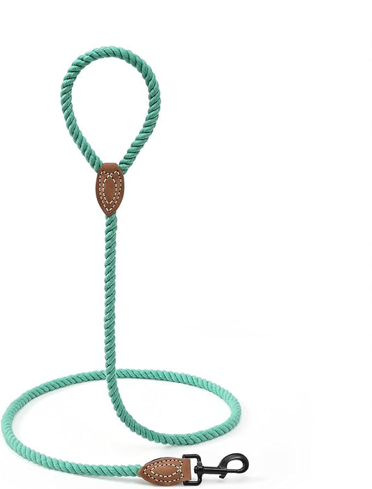 Mile High Life Dog Leash, Braided Cotton Rope Leashes with Leather Tailor Tip with Leather Tip - Heavy Duty Metal Clasp, 5FT, 1/2" Thick - Wedding, Walking Leash for Medium Large Dogs(Green)