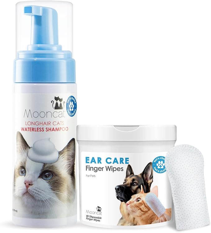 Mooncat Grooming Kit for Long Hair Cats – Waterless Detangling Foam Shampoo (5oz) + Cat Ear Cleaner Finger Wipes (40ct) | No Rinse, Licking Safe, Paraben-Free, pH Balanced | Tangle Control & Ear Wax R