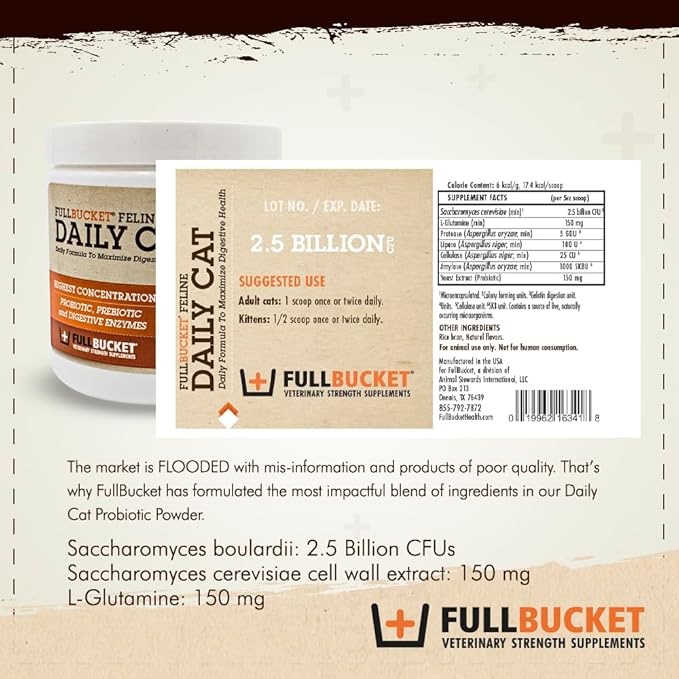 FullBucket Daily Cat Probiotic Powder - Digestive Supplement for Diarrhea, Gas and Supporting Gut & Stomach Health with Prebiotics & Enzymes, 30 Servings