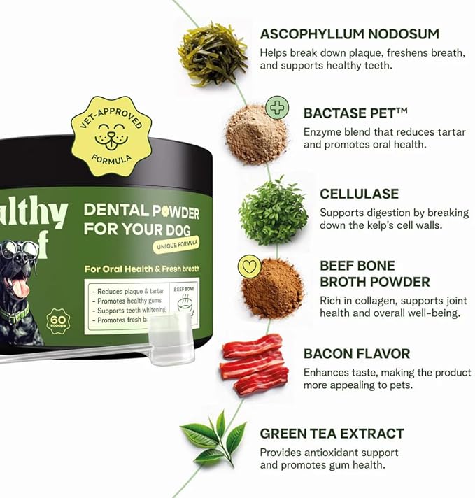 Dental Powder for Dogs - Complete Oral Care Bone Broth, Dog Teeth Cleaning Powder, Tartar Remover, Fresh Breath, Sensitive Stomach Support, No Brush Dental Care, 4.2 oz, 60 Scoops