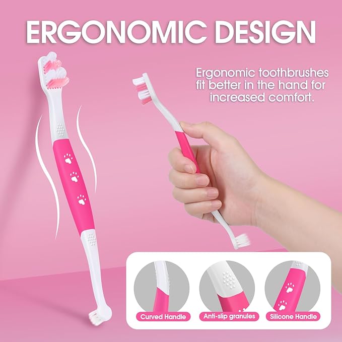 Dog Toothbrush – Newly Upgraded Dual-Head Design with 60° Wavy Bristles – Gently Surrounds Teeth for Deep Cleaning and Plaque Removal – Non-Slip Handle, Ideal for Daily Pet Dental Care (Pink, 1-Pack)