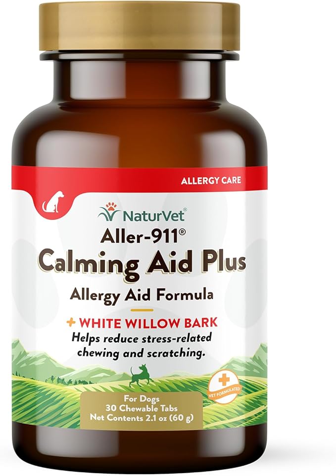 NaturVet Aller-911 Calming Aid & Allergy Aid Dog Supplement – Helps Reduce Stress, Minimize Seasonal Allergy Symptoms, Tension, Excessive Scratching - Includes Melatonin – 30 Ct.