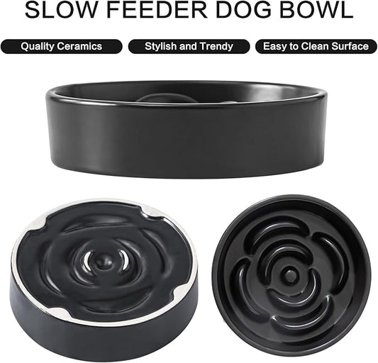 6'' Ceramic Slow Feeder Dog Bowls - Petal Shape Modern Dog Food Dish for Cats and Small Breed Dogs, Puzzle Maze Bowl to Slow Down Eating, Anti-Gulping, Dishwasher & Microwave Safe, Black