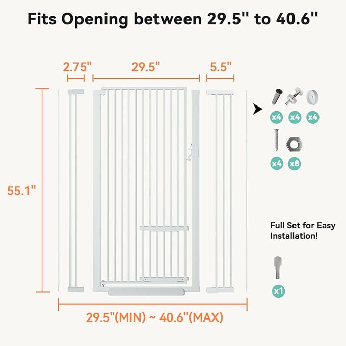 COMOMY 55.1" Extra Tall & Wide Pet Gate for Cats, 29.5-40.6" Adjustable with Door, Pressure Mounted Easy Walk Through Gate for Stairs, Doorways, Kitchen(White)