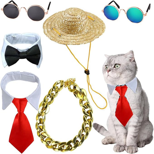 6 Pieces Pets Dog Cat Bowtie Pet Sunglasses and Summer Pet Straw Hat with Faux Gold Chain Pet Costume Adjustable Formal Necktie Collar for Cats Small Dogs Puppy Grooming Accessories