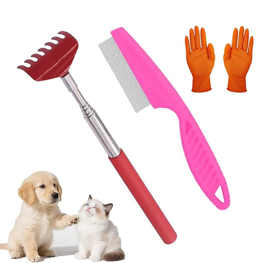 3-in-1 Pet Grooming Kit for Small Animals, Including a Telescopic Scratcher, a Flea and Lice Comb, and a Pair of Massage Gloves, Pet Massage Set for Dogs, Cats, Rabbits, Guinea Pigs, Hamsters, etc