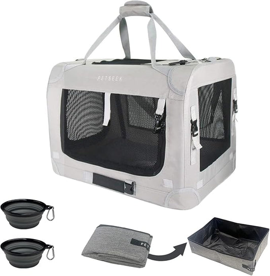 Extra Extra Large Cat Carrier Soft Sided, Portable Small Dog Carrier for 2 Cats, 24"x16.5"x16" Car Travel Folding Comfortable Design with Litter Box and Bowls, Grey+ Litter Box+ Bowl*2