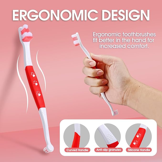 Dog Toothbrush – Newly Upgraded Dual-Head Design with 60° Wavy Bristles – Gently Surrounds Teeth for Deep Cleaning and Plaque Removal – Non-Slip Handle, Ideal for Daily Pet Dental Care (Red, 6-Pack)