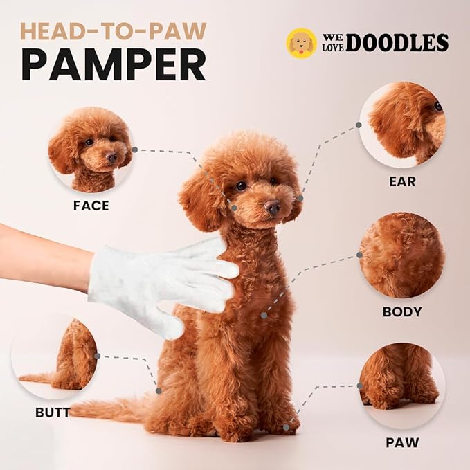 We Love Doodles Dog Gloves Wipes & Dog Ear Cleaning Solution Kit Bundle - Pet Bathing Wipes for Dogs, Paws, Face, Body, Ears, Prevent Infections, Organic, Made in USA, Ear Drops for Dogs