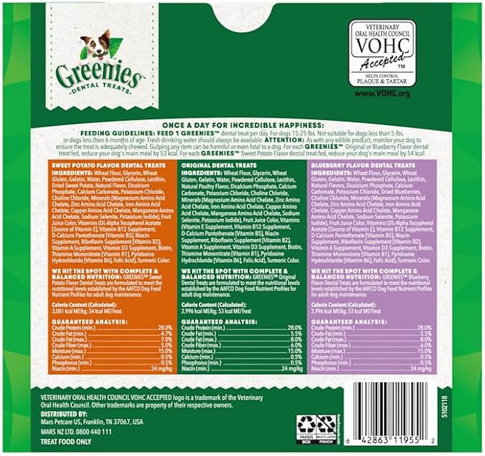 Greenies Veterinarian-Recommended Adult Natural Dental Dog Treats Petite Size, Original Flavor, Sweet Potato Flavor, and Blueberry Flavor, (3) 12 oz. Packs, 60 Count