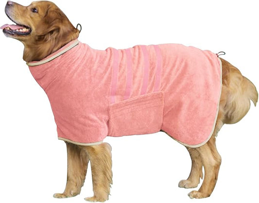 Dog Robe - Fast Drying Towel - Microfiber Super Absorbent Pet Bathrobe, Adjustable Collar & Belly Strap (Pink, XX-Large)