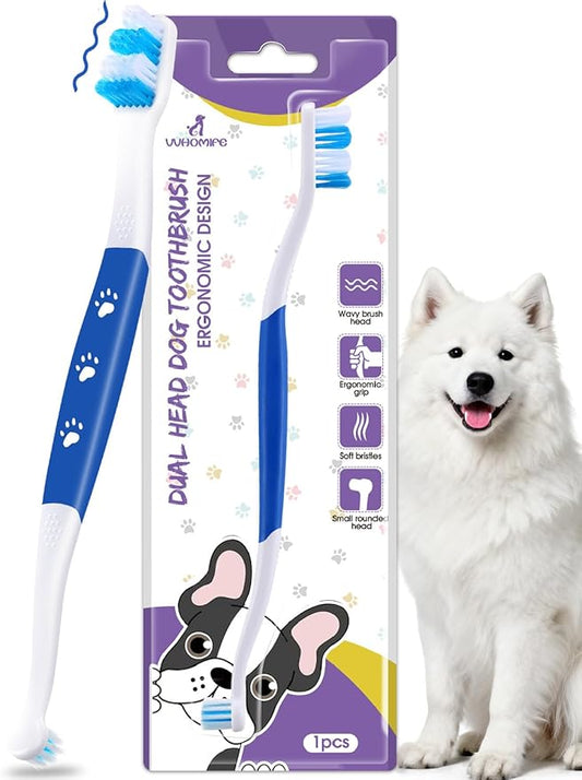 Dog Toothbrush – Newly Upgraded Dual-Head Design with 60° Wavy Bristles – Gently Surrounds Teeth for Deep Cleaning and Plaque Removal – Non-Slip Handle, Ideal for Daily Pet Dental Care (Blue, 1-Pack)