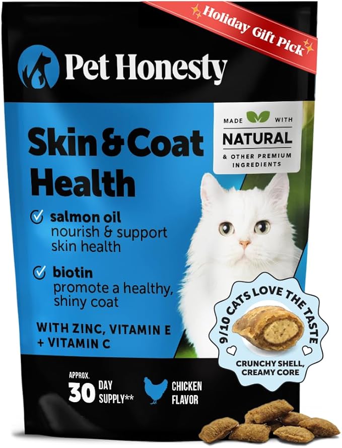 Cat Skin & Coat Health Chews – Crunchy & Creamy Treats with Omegas, Vitamin C & E, Biotin – Soothes Itchy, Dry Skin, Reduces Shedding & Promotes a Shiny Coat – Cat Vitamins (Chicken 30-Day Supply)