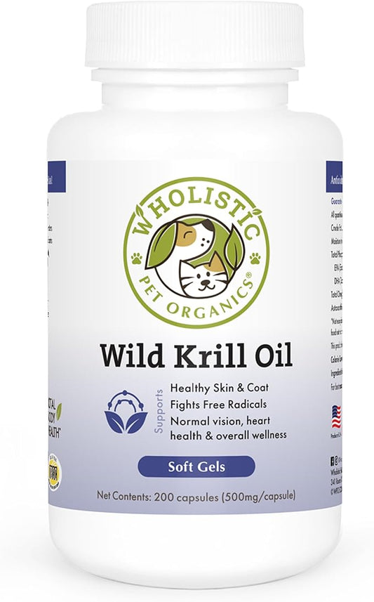 Wholistic Pet Organics - Krill Oil Soft Gel Capsules for Dogs - Supports Dog Joint Health, Shiny Coat & Heart Wellness - Omega-3 & Astaxanthin Supplement - 200 Count