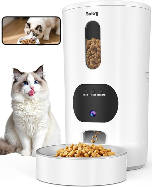 Yakry Automatic Cat Feeder with Camera - 5G WiFi Easy Setup App Control Cat Dry Food Dispenser with Stainless Steel Bowl, 17 Cups, HD 1080P Video with Night Vision for Small Pets Indoor