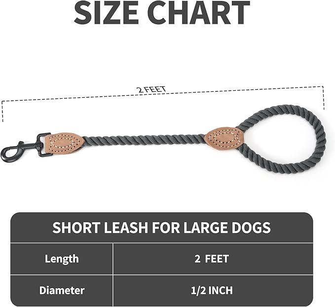 Mile High Life Short Dog Leash, Braided Cotton Rope Leashes with Leather Tip - Heavy Duty Metal Clasp, 18IN, 1/2" Thick - Wedding, Walking & Training Leash for Medium Large Dogs