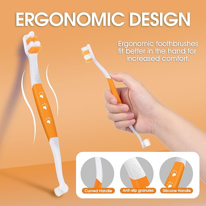 Dog Toothbrush – Newly Upgraded Dual-Head Design with 60° Wavy Bristles–Gently Surrounds Teeth for Deep Cleaning and Plaque Removal – Non-Slip Handle, Ideal for Daily Pet Dental Care (Orange, 1-Pack)