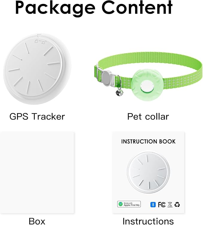 GPS Tracker for Cats, Cat Tracker Compatible with Apple Find My App (Only iOS), No Monthly Fee, Breakaway Collar Included (White Tracker, Green Cat Collar)
