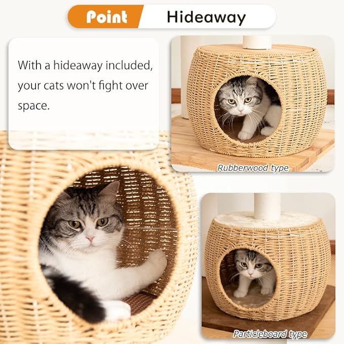 Wood Cat Tree for Large Cats, Modern Indoor Cat Tower with Basket Beds, Cat Condo & Clear Hammock, Multi-Level Wooden Cat Furniture for Home Living Room Decor (Rubber Wood)