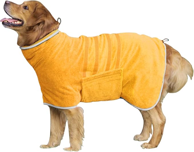 Dog Robe - Fast Drying Towel - Microfiber Super Absorbent Pet Bathrobe, Adjustable Collar & Belly Strap (Yellow, Large)