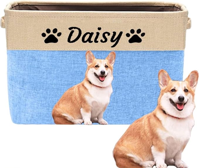 Personalized Dog Toy Box Storage Custom Dog Basket with Pet's Name Cat Toy Storage Gift for Pet Lovers (Blue)