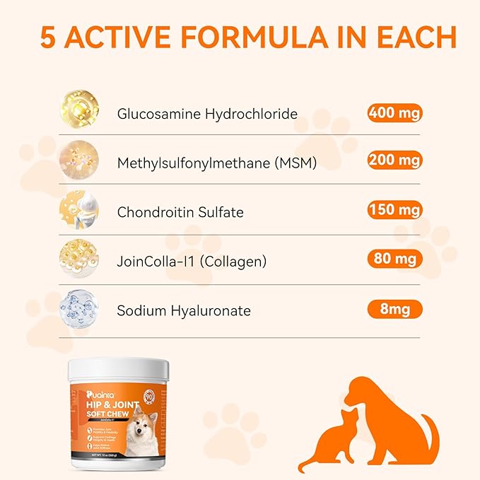 Dogs & Cats Hip & Joint Supplement with Collagen, Glucosamine, Chondroitin, MSM, Dog Joint Pain Relief, Multivitamin Treats for Small, Medium Large Dog Mobility, Large Breeds-90 Soft Chews