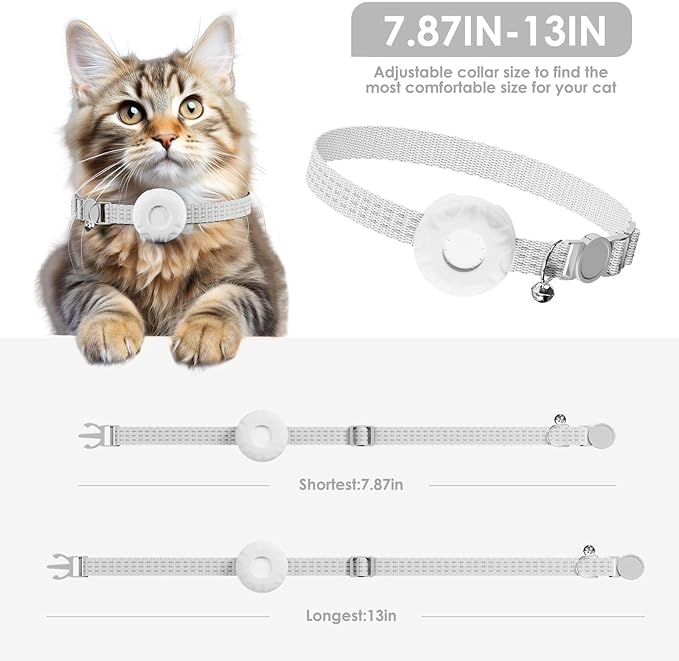 GPS Tracker for Cats, Cat Tracker, Compatible with Apple Find My App (Only iOS), No Monthly Fee, Breakaway Collar Included (White Tracker, White Cat Collar)