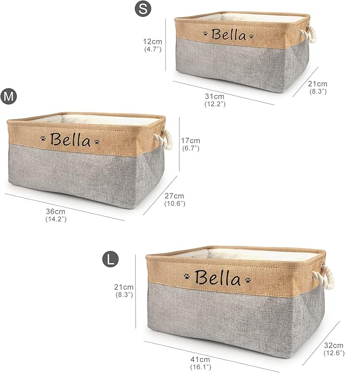 Dog Toy Box Storage Basket Bin with Personalized Custom Pet's Name Collapsible Rectangular Storage Bag For Organizing Dogs cat Clothes，Shoes，Pet Accessories (Gray, S)