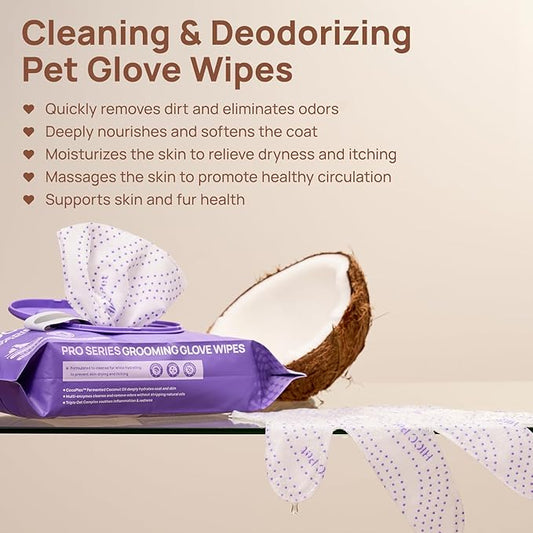 HICC PET Glove Wipes Pro Series for Dogs & Cats, Extra Thick Dual-Textured Grooming Wipes, Rinse-Free Shampoo Mittens for Quick Cleaning & Deodorizing, Perfect Between Baths, Travel