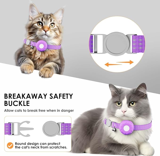 GPS Tracker for Cats, Compatible with Apple Find My App (Only iOS), No Monthly Fee, Waterproof (White Tracker, Purple Cat Collar)