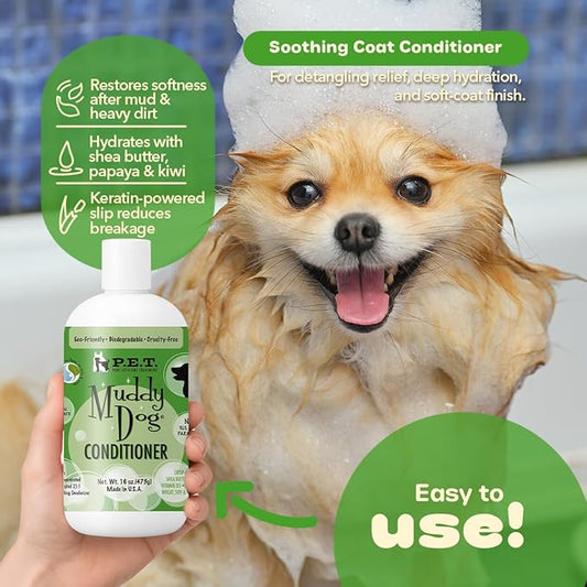 P.E.T. Muddy Dog Deep-Conditioning Rinse, 16 oz | 25 : 1 Concentrate | Shea Butter, Keratin & Papaya Blend | Fast Detangle, Odor Neutralizer & Soft-Coat Finish | Cosmetic Formula