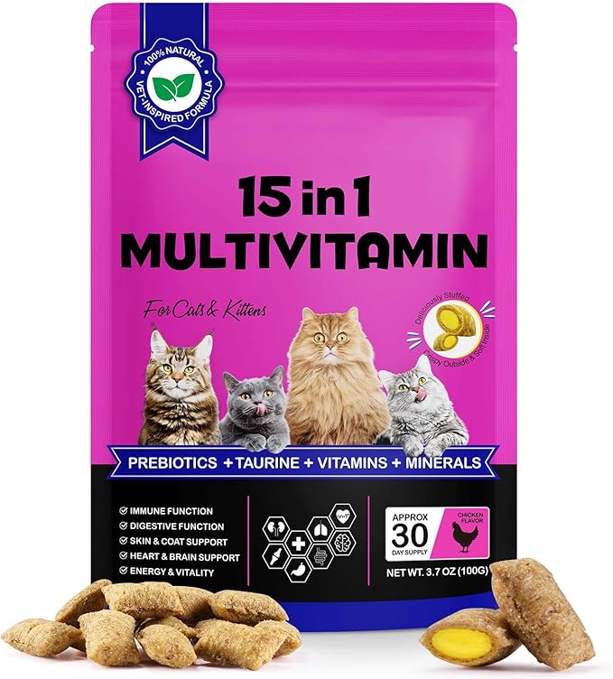 15-in-1 Multivitamin Soft Chews with L-Lysine, Taurine & Omega-3 – Vet-Formulated Cat Treats for Stress, Immunity, Joint & Skin Support – Natural (30 Day Supply)
