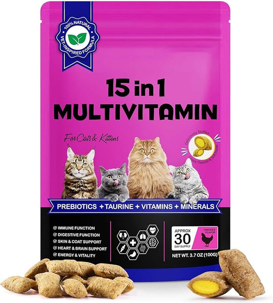 15-in-1 Multivitamin Soft Chews with L-Lysine, Taurine & Omega-3 – Vet-Formulated Cat Treats for Stress, Immunity, Joint & Skin Support – Natural (30 Day Supply)