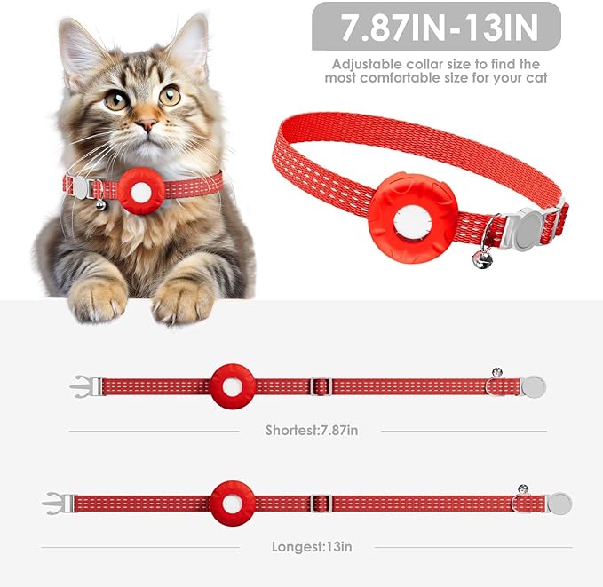 Cat GPS Tracker, Smart Cat Tracker Compatible with Apple Find My App (Only iOS), No Monthly Fee, Waterproof (White Tracker, Red Cat Collar)
