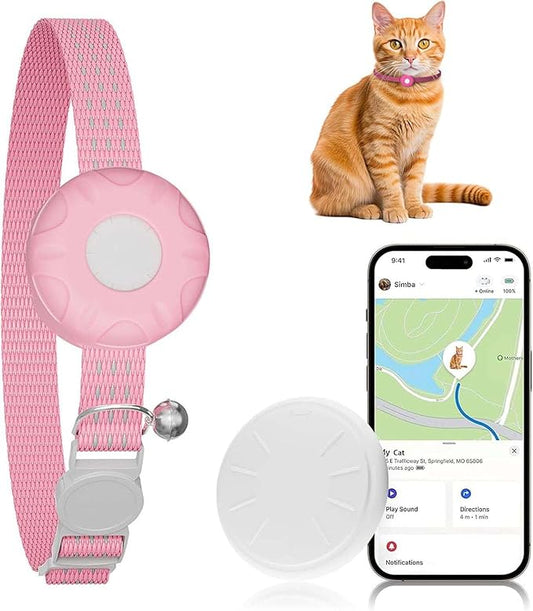 Cat GPS Tracker, Cat Tracker Compatible with Apple Find My App (Only iOS), No Monthly Fee, Waterproof, Breakaway Collar Included, Up to 1 Year Battery (White Tracker, Pink Cat Collar)