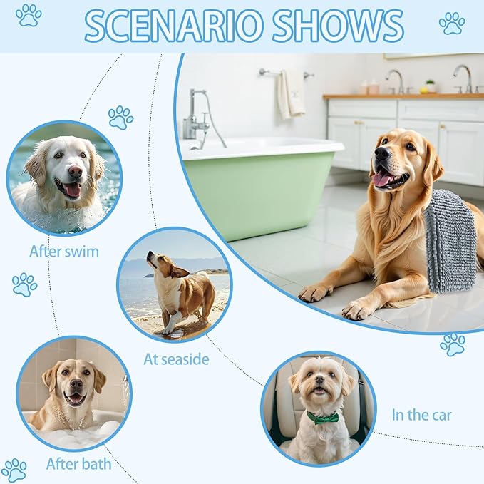 OLANLY Chenille Dog Bath Towel 38x15, Ultra Absorbent Quick Dry Pet Towel, Extra Soft Washable Plush Towel for Large Dogs & Puppies, Indoor Outdoor Use, Grey