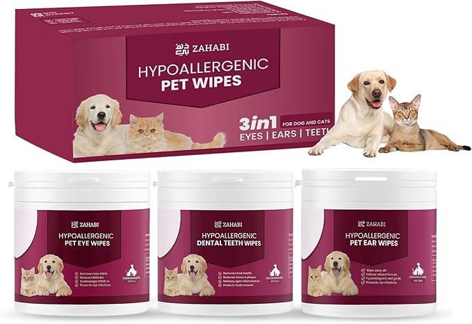 ZAHABI 3-in-1 Pet Wipes for Dogs & Cats, Hypoallergenic Eye, Ear & Teeth Cleaning Wipes, 100 Eye + 50 Ear & 50 Teeth Wipes, Tear Stain Remover, Ear Wax Cleaner, Breath Freshener, Pet Grooming Wipes