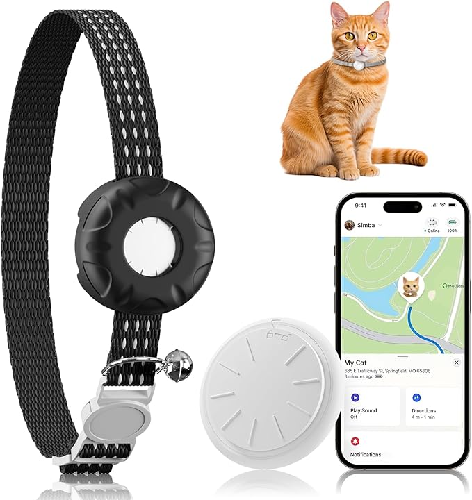 Cat GPS Tracker for Cats, Waterproof Pet GPS Tracker, Compatible with Apple Find My App (Only iOS), No Monthly Fee (Black Cat Collar)