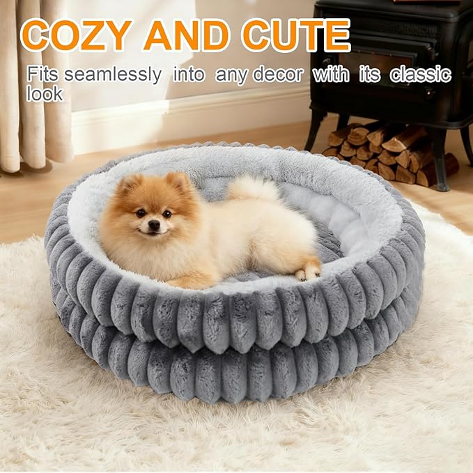 Cat Beds for Indoor Cats,Washable Round Donut Dog Bed,Fluffy Puppy Dogs Beds for Small Dogs with Anti-Slip Bottom(Grey,S)
