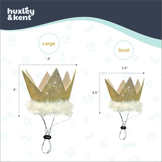 Huxley & Kent Pet Party Crown – Adjustable Glitter Crown Hat with SnugFit Straps – Party Accessory for Dogs & Cats – Gold, Large