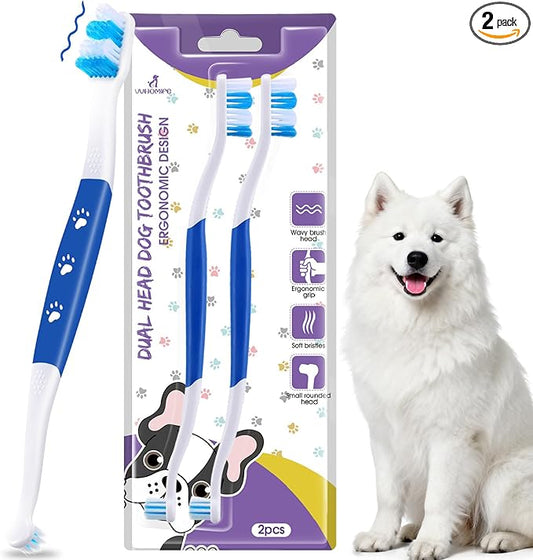 Dog Toothbrush – Newly Upgraded Dual-Head Design with 60° Wavy Bristles – Gently Surrounds Teeth for Deep Cleaning and Plaque Removal – Non-Slip Handle, Ideal for Daily Pet Dental Care (Blue, 2-Pack)