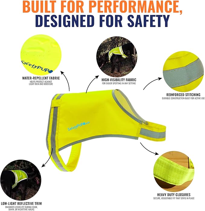 SafetyPUP XD Lite Dog Vest. Coverage to Mid Back. Reflective Hi Visibility Fluorescent Yellow Fabric Helps to Keep Them in Sight and Safe On and Off Leash.