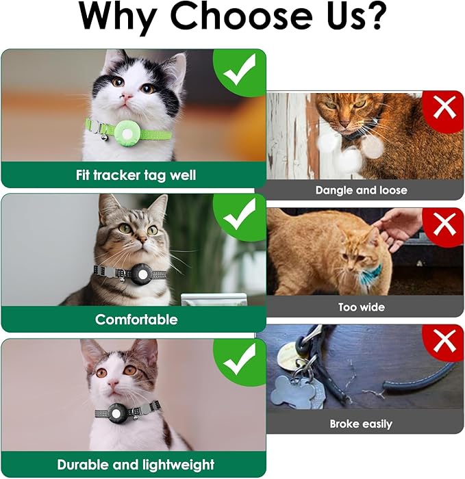 Smart Cat GPS Tracker, Cat Tracker Collar with Safety Elastic Buckle, Compatible with Apple Find My App (Only iOS), No Monthly Fee, Waterproof (White Tracker, Green Cat Collar)