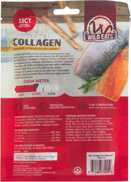 Wild Eats Real Salmon Collagen Sticks for Dogs, (15ct, 1cm Thick) Healthy Bully Stick - Long Lasting Dog Chew Treat