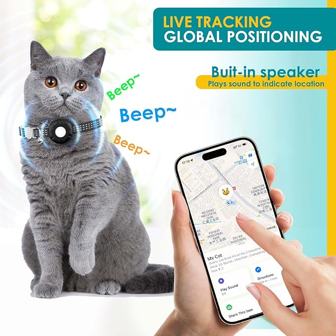 Cat GPS Tracker, Smart Cat Tracker Compatible with Apple Find My App (Only iOS), No Monthly Fee, Waterproof (White Tracker, Black Cat Collar)