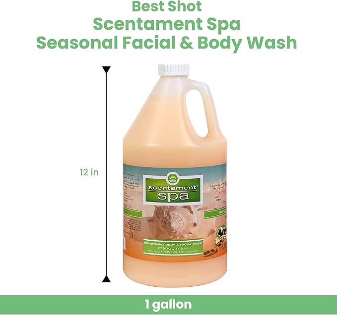 Best Shot Scentament Spa for Pets, Seasonal Facial Spa and Body Wash, Mango Maui, Tearless Shampoo, Hypoallergenic Body Wash, Reduces Tear Stains, 1 Gallon