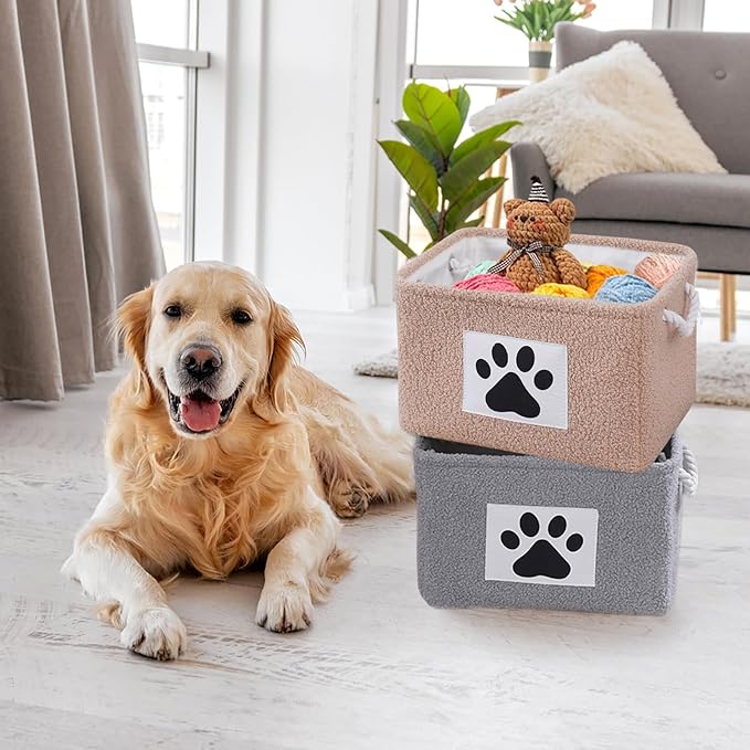 COMFY-HOMI 2Pcs Dog Toy Basket with Metal Collapsible Pet Toy Storage Organizer with Handles-Soft Polyester Fleece Fabric Bin Storage Basket for Shelves, Toys Storage 15"x10.2"x9.5"-Coffee Brown