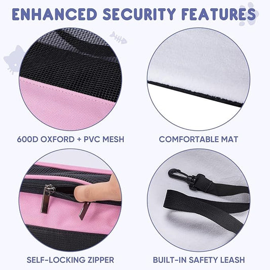 BALEINE Cat Carrier, Puppy Dog Carrier for Small Medium Pets Up to 15 Lbs, Soft-Sided Dog Travel Bag with Safety Zippers, Collapsible Pet Carrying Case (Pink, L, 17"x11"x11")